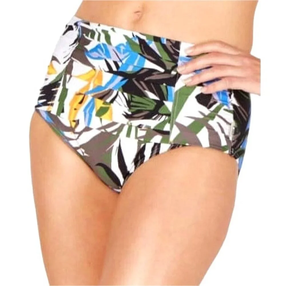 New Calvin Klein Med Bikini Bottom Rainforest Palm Pleated High-Rise Swimsuit